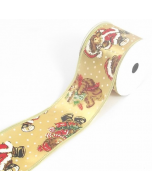 Full 10 Yard Roll of 63mm Gold Satin Christmas Bear Ribbon