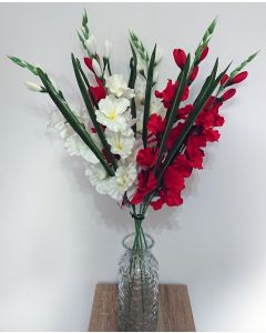 6 x Artificial Gladioli Flowers-Red / Ivory