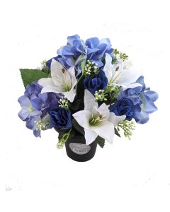 Artificial Blue Rose, Hydrangea and Lily Grave Pot