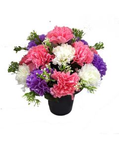 Artificial Lilac, Pink and Ivory Carnation Grave Pot