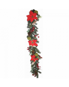 6ft Luxury Artificial Pine / Spruce Garland with Poinsettias, Cones and Berries