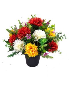 Artificial Red, Orange and Ivory Chrysanthemum Grave Pot