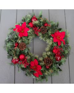 Artificial 40cm Red Poinsettia Spruce Wreath 