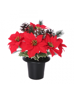 Artifical Poinsettia and Frosted Cone Grave Pot