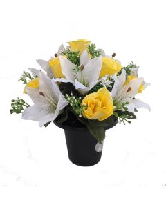 Artificial Ivory Lily and Yellow Rose Grave Pot