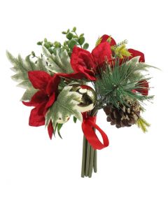 26cm Artificial Poinsettia, Holly, Berries, Cone, Baubles Bunch