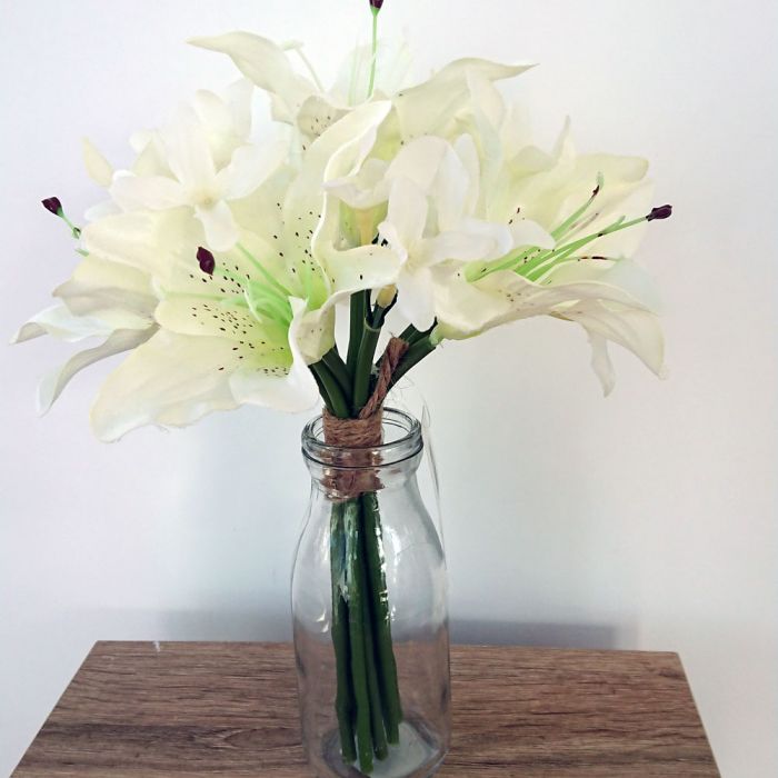 Artificial 26cm Ivory Lilies in Glass Bottle Permabloom