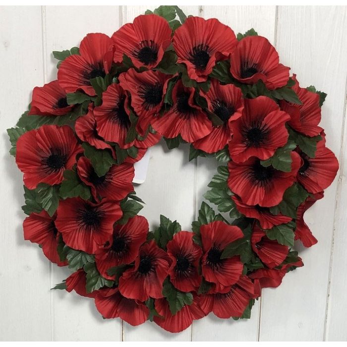 30cm Artificial Red Poppy Wreath with Leaves Permabloom