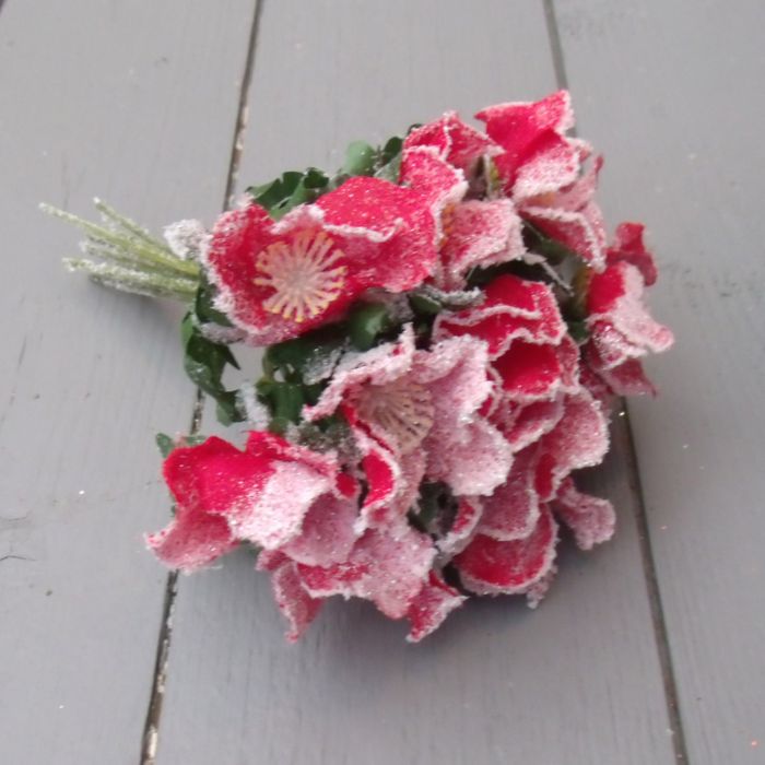 Artificial 20cm Frosted Red Christmas Rose Bunch Permabloom