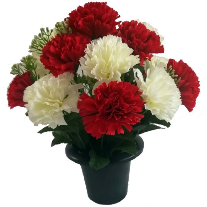 Artificial Red and Ivory Carnation Grave Pot Permabloom