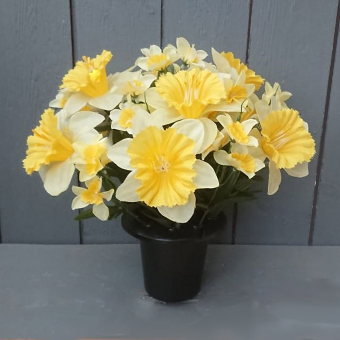 30cm Artificial Daffodil Grave Pot Yellow Permabloom